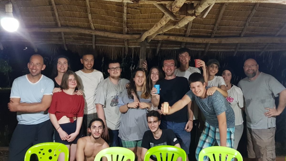 A visiting school group from France at the farm in Kampot